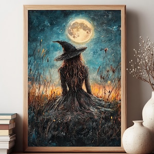 Witch in Full Moon Meadow Canvas Wall Art, Halloween Night Sky Witchy Framed Canvas, Mystical Fantasy Home Accent, Dark Cottagecore Decor
