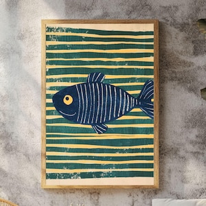 Blue Fish Wooden Canvas Art, Nautical Coastal Wall Print, Ocean Sea Life Home Decor, Framed Fish Print Framed Wall Art Painting