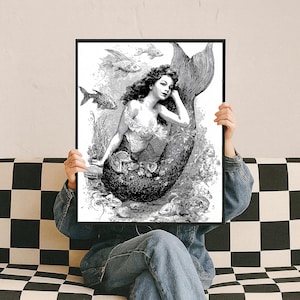 Vintage Mermaid Wall Art Print, Mythical Ocean Canvas, Black and White Nautical Illustration, Coastal Fantasy Decor, Mermaid Lovers Gift