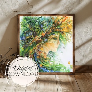 Mother Nature Goddess Digital Print, Mother Gaia Earth Painting, Pagan Forest Spirit, Nature Art Digital Download