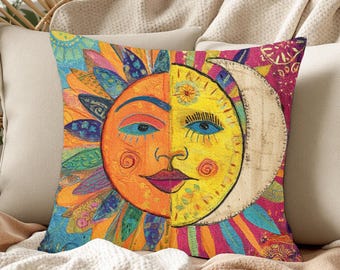 Boho sol och måne kuddfodral, färgglatt himmelskt accentörngott för andlig inredning, livfull kosmisk konstkudde för boho hem