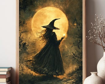 Enchanted Moon Witch Silhouette Wall Art, Gothic Halloween Canvas Print, Mystical Night Wall Decor, Spooky Home Accent, Gift For Moon Lover