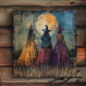 Three Whimsical Witches Halloween Canvas Framed Wall Art, Witchy Decor Halloween Wall Art Print