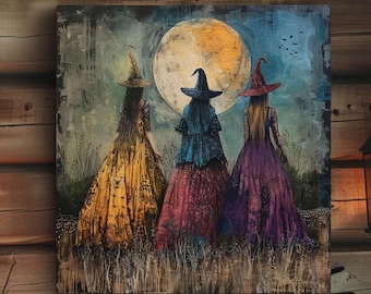 Three Whimsical Witches Halloween Canvas Framed Wall Art, Witchy Decor Halloween Wall Art Print