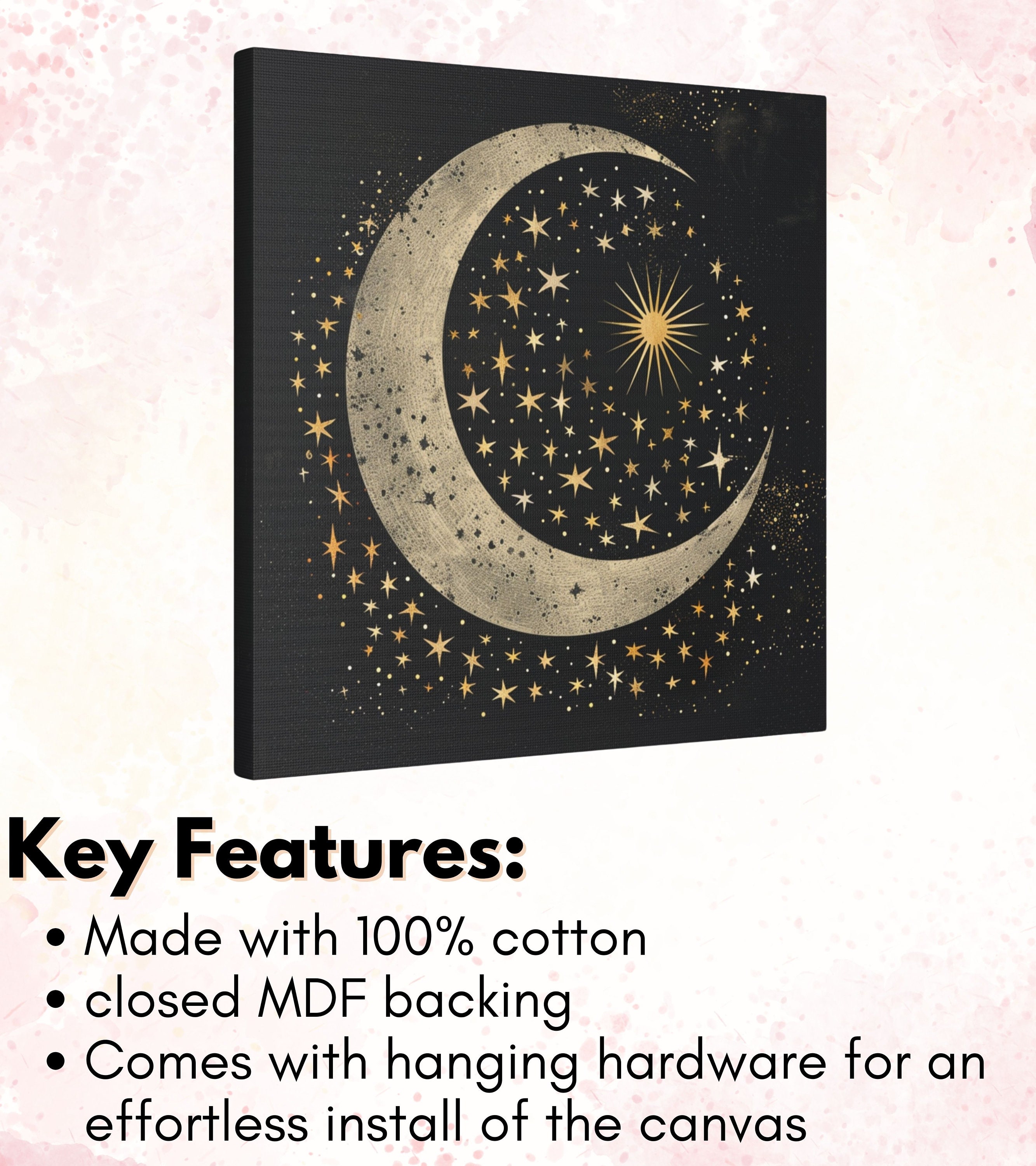 Celestial Stars and Moon Mystical Canvas Wall Art Home Decor, Gold Moon ...