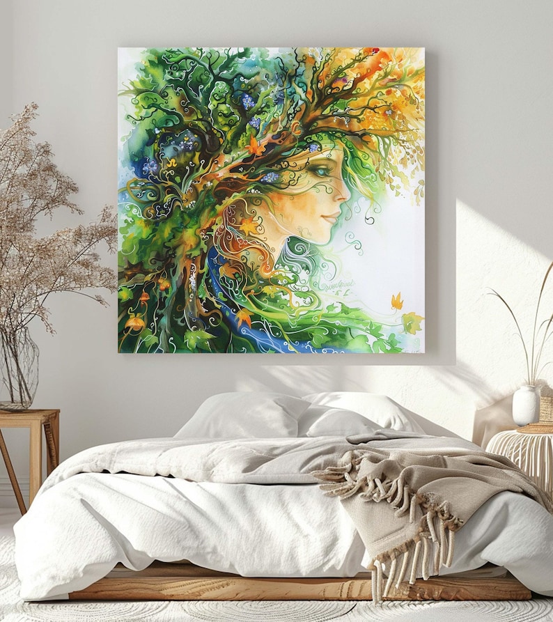 Mother Nature Goddess Framed Wall Art Canvas, Mother Gaia Earth Artwork, Pagan Forest Spirit Print, Mystical Nature Art image 3