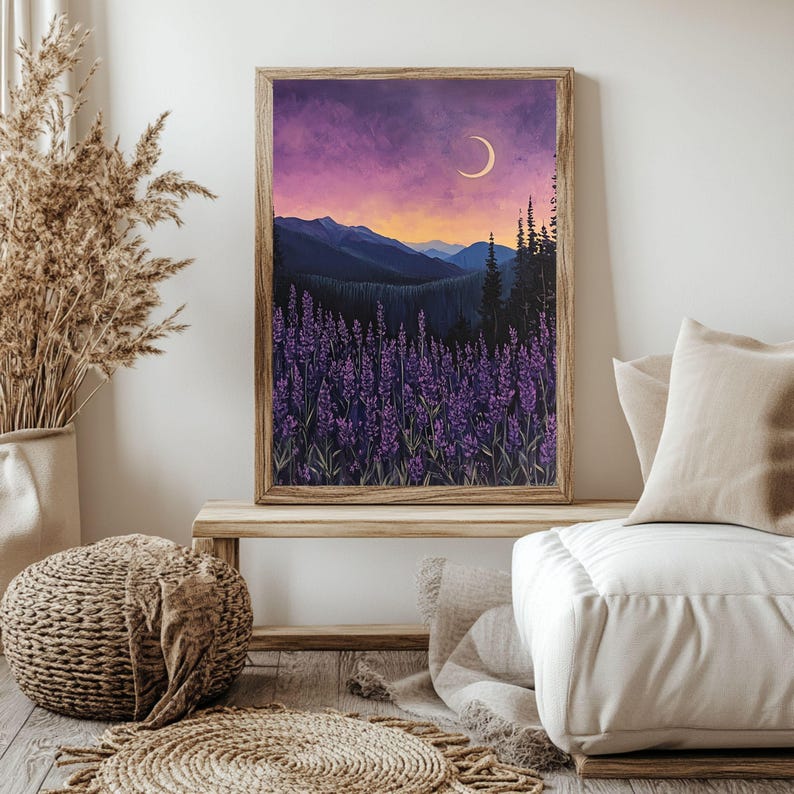 Lavender Moon Wooden Canvas Wall Art, Mountain Night Landscape Print, Purple Flower Field Decor, Tranquil Nature Accent image 5