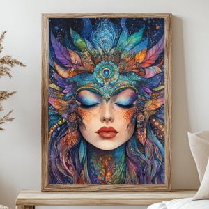 Mystical Goddess Wall Art, Celestial Woman Portrait Print, Spiritual Boho Poster, Framed Canvas, Cosmic Bedroom Decor, Wooden Framed Art