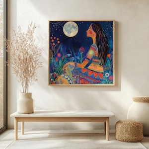 Moon Goddess Wall Art, Boho Celestial Canvas, Mystical Night Sky Print, Spiritual Moonlight Woman Artwork, Vibrant Nature Decor image 4
