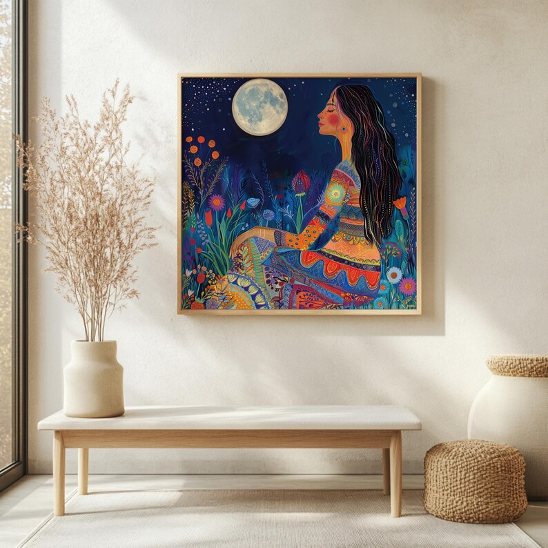 Moon Goddess Wall Art, Boho Celestial Canvas, Mystical Night Sky Print, Spiritual Moonlight Woman Artwork, Vibrant Nature Decor image 4
