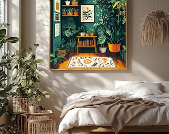 May include: A square wall art print featuring a vibrant indoor garden scene with numerous potted plants, a wooden console table, shelves, and a patterned rug on a wooden floor, all set against a deep teal wall with framed botanical illustrations.