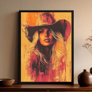 Obraz ścienny z portretem kowbojki, wydruk na płótnie z kobietą z Zachodu, rustykalny akcent w stylu boho, abstrakcyjny wystrój Dzikiego Zachodu, płótno w ramce z motywem pustyni