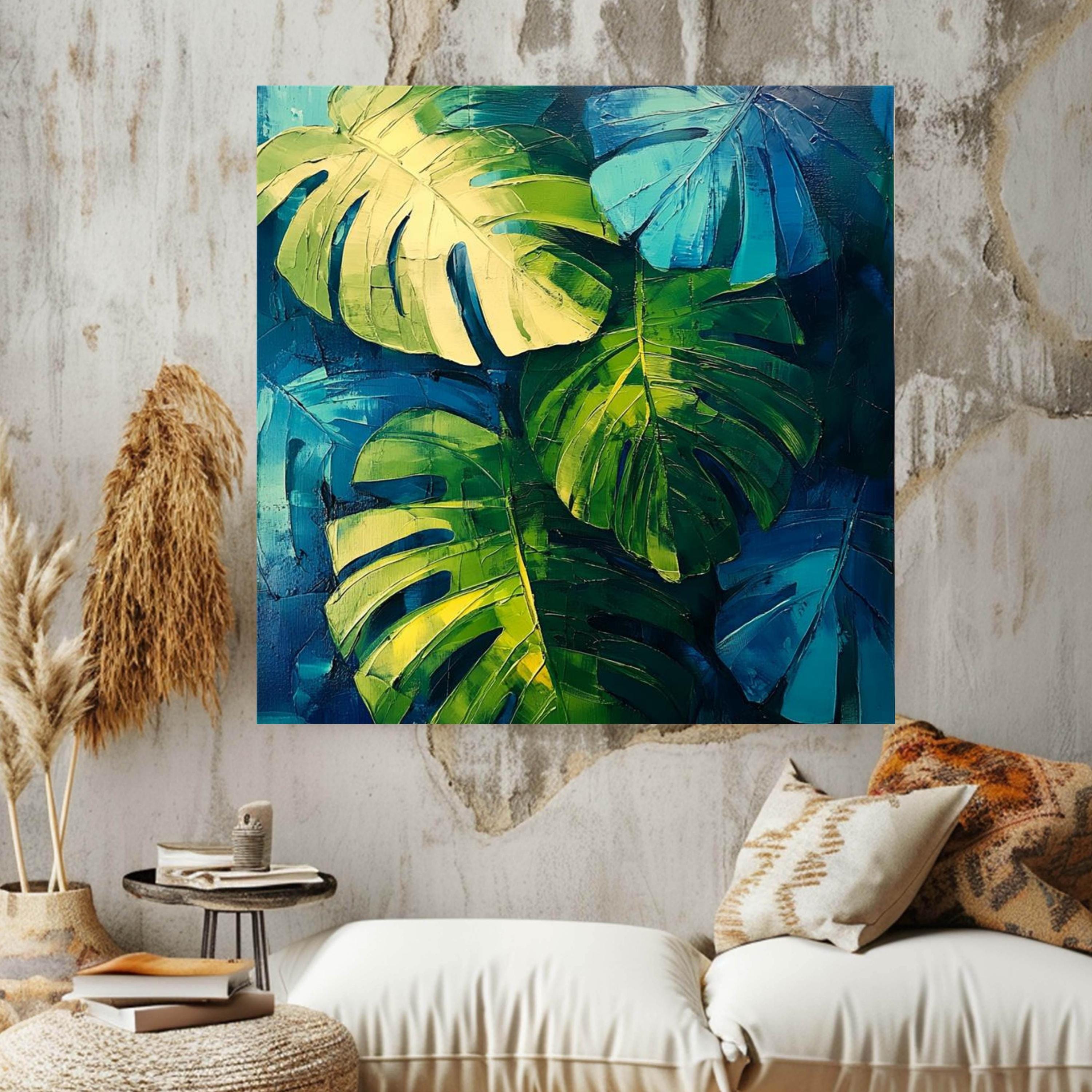 モンステラの葉のウォールアート、額入りボタニカルキャンバス、熱帯