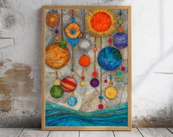 Zonnestelsel muurkunst print, kleurrijke planeet canvas, hemelse ruimte decor, verticale astronomie muurkunstwerk, moderne kosmische woondecoratie geschenken