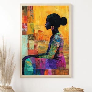 Afrocentric Mädchen gerahmte Wandkunst, bunte gerahmte Leinwand, moderne schwarze Frau Porträt Druck, lebendiger Akzent, Holzwanddekor