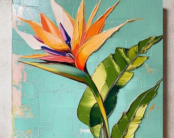 May include: A square oil painting on canvas featuring a vibrant bird of paradise flower with orange, yellow, and purple petals. The flower is accompanied by large, textured green leaves against a solid, light mint green background with visible brushstrokes.