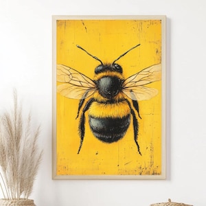 Retro Bumble Bee Framed Wall Art, Bright Yellow Insect Print, Eclectic Modern Canvas, Wooden Framed Wall Art Canvas, Bold Decor