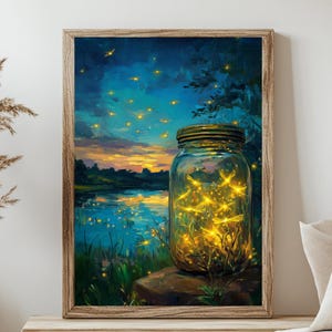 Mystische Glühwürmchen im Glas gerahmte Kunst, mystische Wanddekoration, Naturholzrahmen Wandkunst, Schlafzimmer Poster Druck, gerahmte Leinwand, Wohnheim Wandkunst