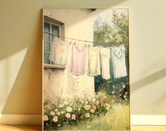 Vintage Laundry Line Wall Art, Cottagecore Clothes Drying Framed Canvas, Rustic Country House Painting, Shabby Chic Floral Garden Home Decor