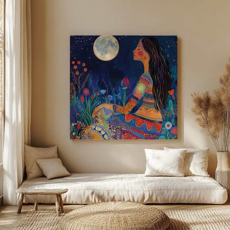 Moon Goddess Wall Art, Boho Celestial Canvas, Mystical Night Sky Print, Spiritual Moonlight Woman Artwork, Vibrant Nature Decor image 6