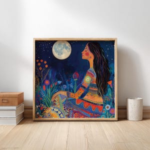 Moon Goddess Wall Art, Boho Celestial Canvas, Mystical Night Sky Print, Spiritual Moonlight Woman Artwork, Vibrant Nature Decor image 2