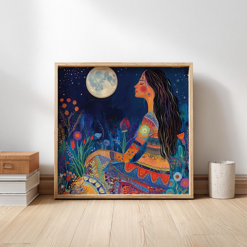 Moon Goddess Wall Art, Boho Celestial Canvas, Mystical Night Sky Print, Spiritual Moonlight Woman Artwork, Vibrant Nature Decor image 2