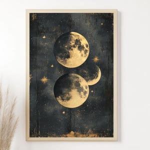 Celestial Moon Phase Framed Wall Art, Mystical Night Sky Print, Vintage Moon Poster, Wooden Framed Canvas Wall Decor, Cosmic Bedroom Decor