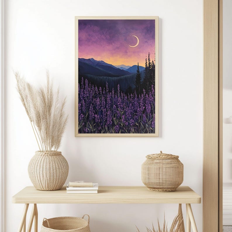 Lavender Moon Wooden Canvas Wall Art, Mountain Night Landscape Print, Purple Flower Field Decor, Tranquil Nature Accent image 6