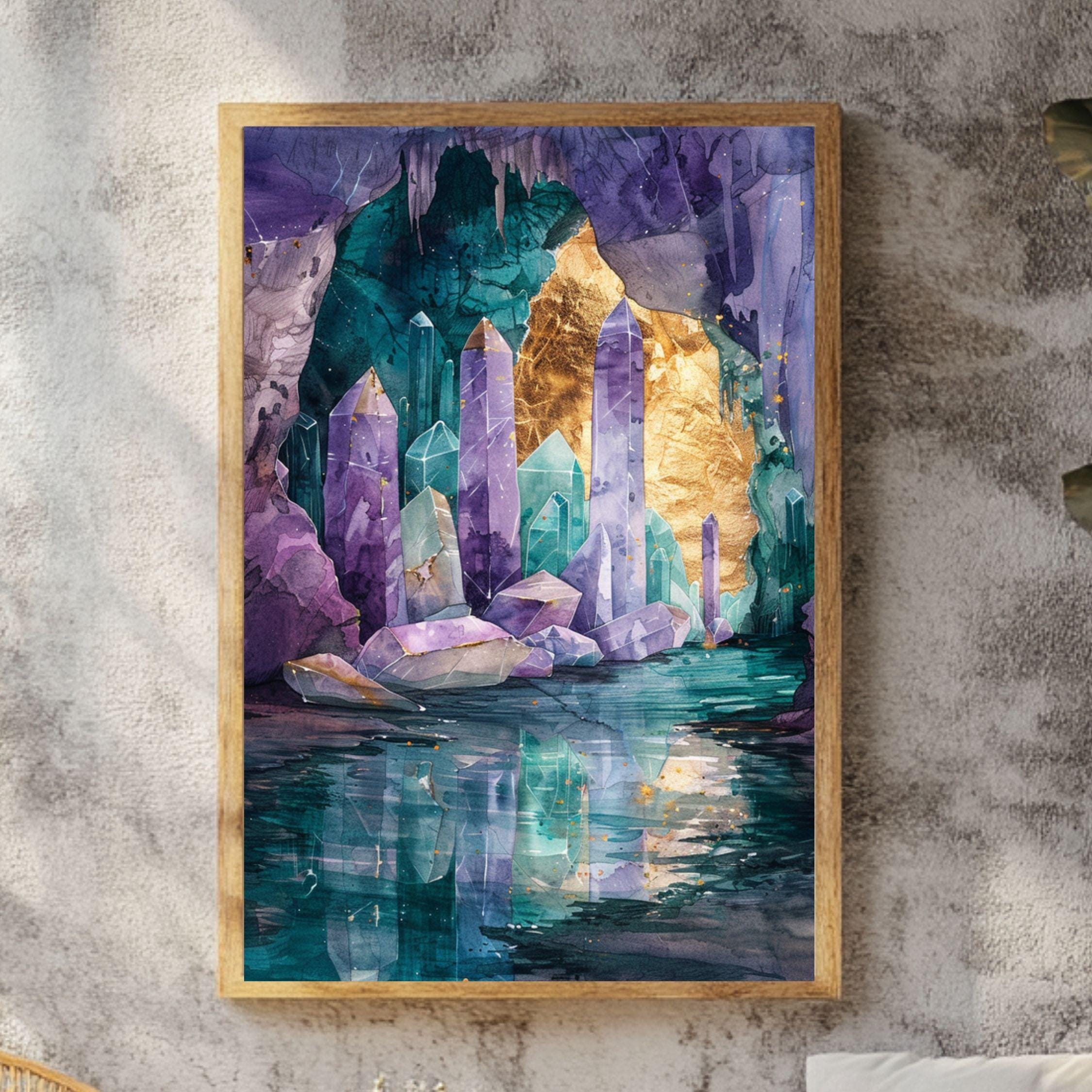 Amethyst Crystal Cave Wooden Canvas Wall Art, Mystical Geode