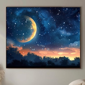 Oversized Moonlit Night Sky Framed Landscape Canvas Art, Extra Large Framed Wall Art Oversized Horizontal Wall Decor, Panoramic Wall Art