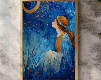 Blue Dreamer Crescent Moon Wooden Canvas Wall Art, Mystical Girl Under Starry Night Sky Painting, Celestial Cosmic Boho Home Decor