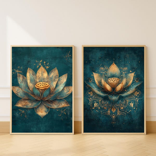Teal Lotus Flower Canvas Framed Wall Art Set of 2, Spiritual Botanical Prints, Zen Mandala Artwork, Boho Floral Home Accent