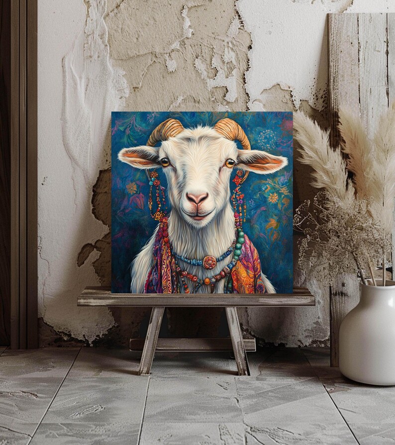 Whimsical Goat Decor, Boho Goat Wall Art, Bohemian Animal Painting