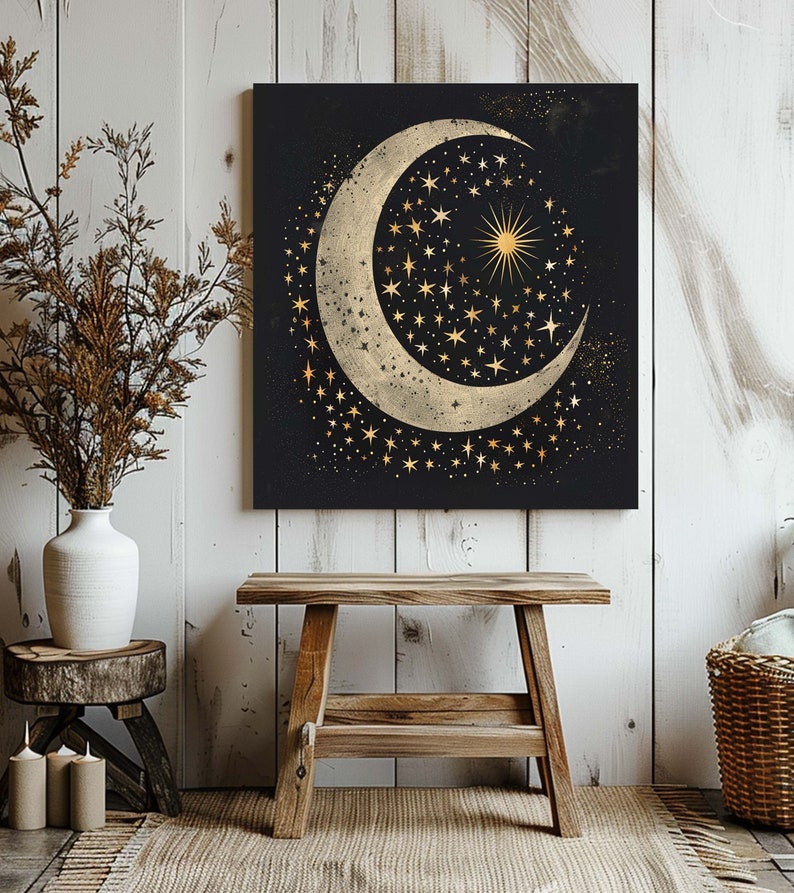 Celestial Stars and Moon Mystical Canvas Wall Art Home Decor, Moody ...