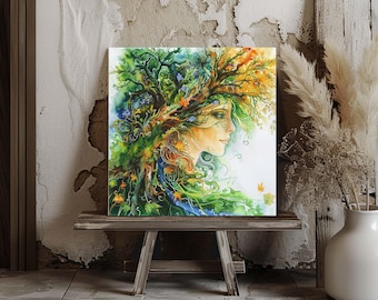 May include: A square wall art print featuring a watercolor illustration of a profile view of a person whose hair and head are intertwined with vibrant green foliage, tree branches, and autumn-colored leaves in shades of orange and yellow.