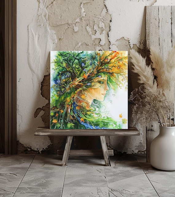 Mother Nature Goddess Framed Wall Art Canvas, Mother Gaia Earth Artwork, Pagan Forest Spirit Print, Mystical Nature Art