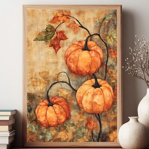 Rustic Pumpkin Wall Art, Autumn Harvest Framed Canvas, Fall Leaves Country Farmhouse Kitchen Decor, Seasonal Home Accent, House Gift Idea
