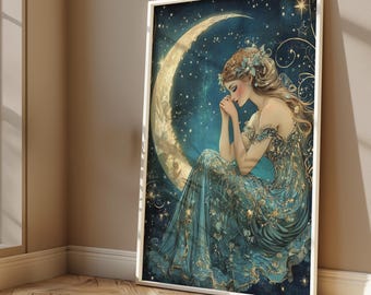 Celestial Moon Goddess Wall Art, Mystical Woman Framed Canvas, Starry Night Moon Print, Fantasy Home Decor, Boho Cosmic Wall Accent