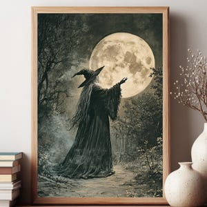 Moonlit Witch Wall Art, Vintage Sepia Halloween Framed Canvas, Full Moon Night Print, Gothic Wall Decor, Spooky Home Accent, Gift For Her