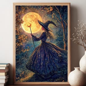 Mystical Witch Wall Art, Moonlit Forest Framed Canvas, Enchanted Night Scene Print, Halloween Home Accent, Spooky Wall Decor, Gift for Her
