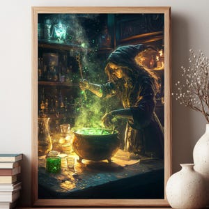 Spellcasting Witch Wall Art, Potion Cauldron Framed Canvas, Magical Halloween Print, Mystical Dark Cottagecore Home Decor, Gift For Her