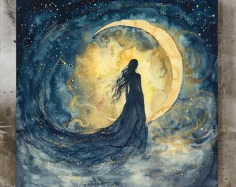 Moon Goddess Wall Art, Mystical Woman Canvas, Celestial Art Poster, Lunar Lady Print, Moody Witchy Art, New Home Gift, Celestial Digital Art