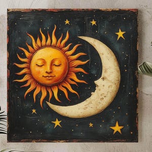 Vintage Sun and Moon Wall Art, Celestial Canvas Print, Night Sky Print ...