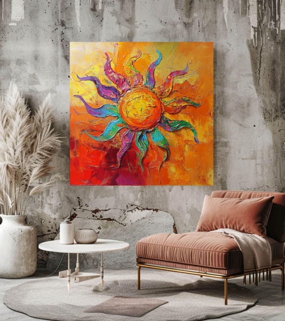 木製漆器アートパネル　SUN(サン) Vibrant Sun Canvas Wall Art, Textured Sun Painting, Fiery Orange