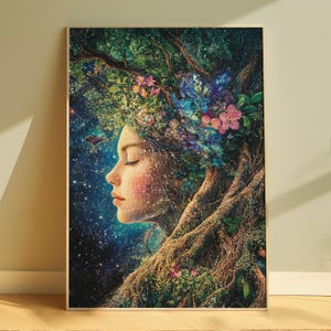 Lámina de pared de la Madre Tierra Gaia, lienzo enmarcado de la Diosa de la Naturaleza, estampado floral cósmico, decoración de fantasía mística para el hogar, decoración de pared espiritual bohemia.