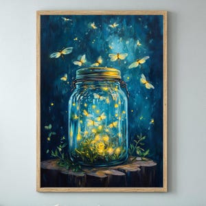 Glühwürmchen Holzrahmen Leinwand, Mystische Wanddekor, Naturholzrahmen Leinwand, Natur inspirierte Kunst, gerahmte Wandkunst Leinwand, gerahmte Kunst