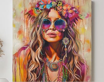 May include: A square canvas print featuring a vibrant, colorful portrait of a person with long wavy hair, wearing a large floral crown, round purple-tinted sunglasses, and layered beaded necklaces with dangling earrings in a bright, painterly style.
