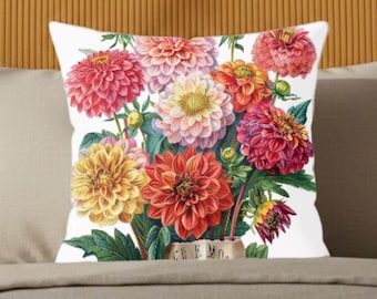 Dahlia Pillow, Whimsical Flower Cushion, Boho Botanical Throw Pillow, Cute Garden Decor, Playful Floral Lover Gift, Vintage Couch Accent