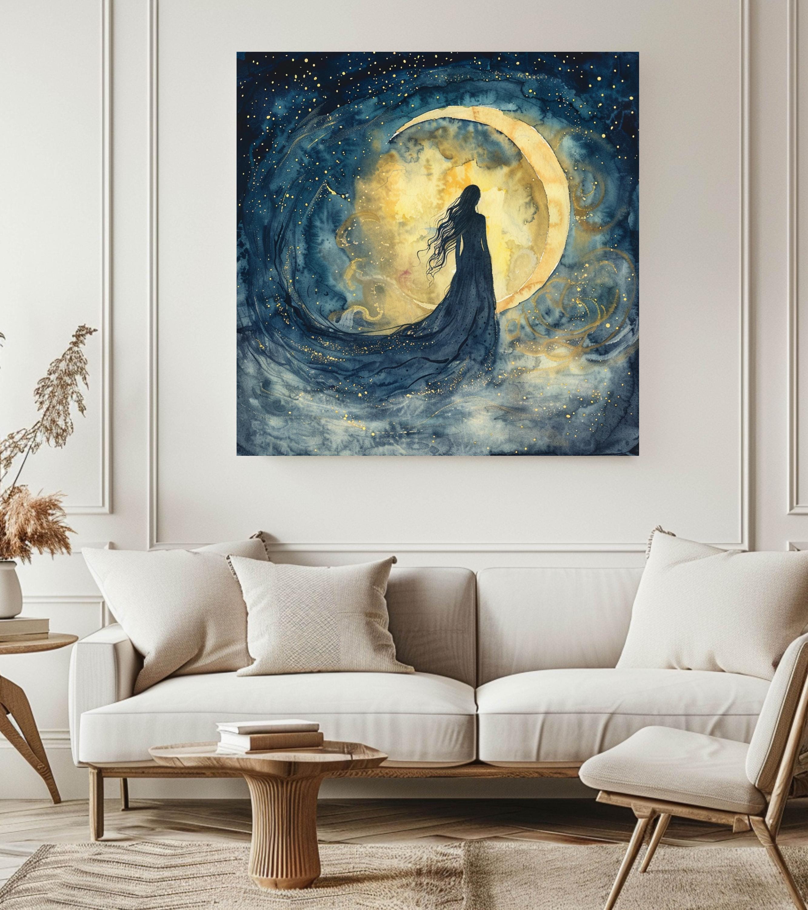 Moon Goddess Wall Art, Mystical Woman Canvas, Celestial Art Poster ...