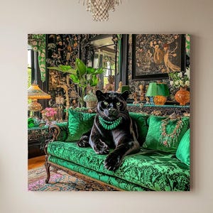 Vintage Maximalist Panther Art Canvas Wall Art, Unique Art Gifts, Jungle-Inspired Decor, Emerald Green Panther Print for Living Room